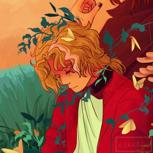 a drawing of a pale-skinned blond boy with a white streak in his curly hair. there is a loose ponytail going down his back, and he is wearing a red cardigan over a white shirt. there are green vines draped over him in places, and a yellow butterfly in his